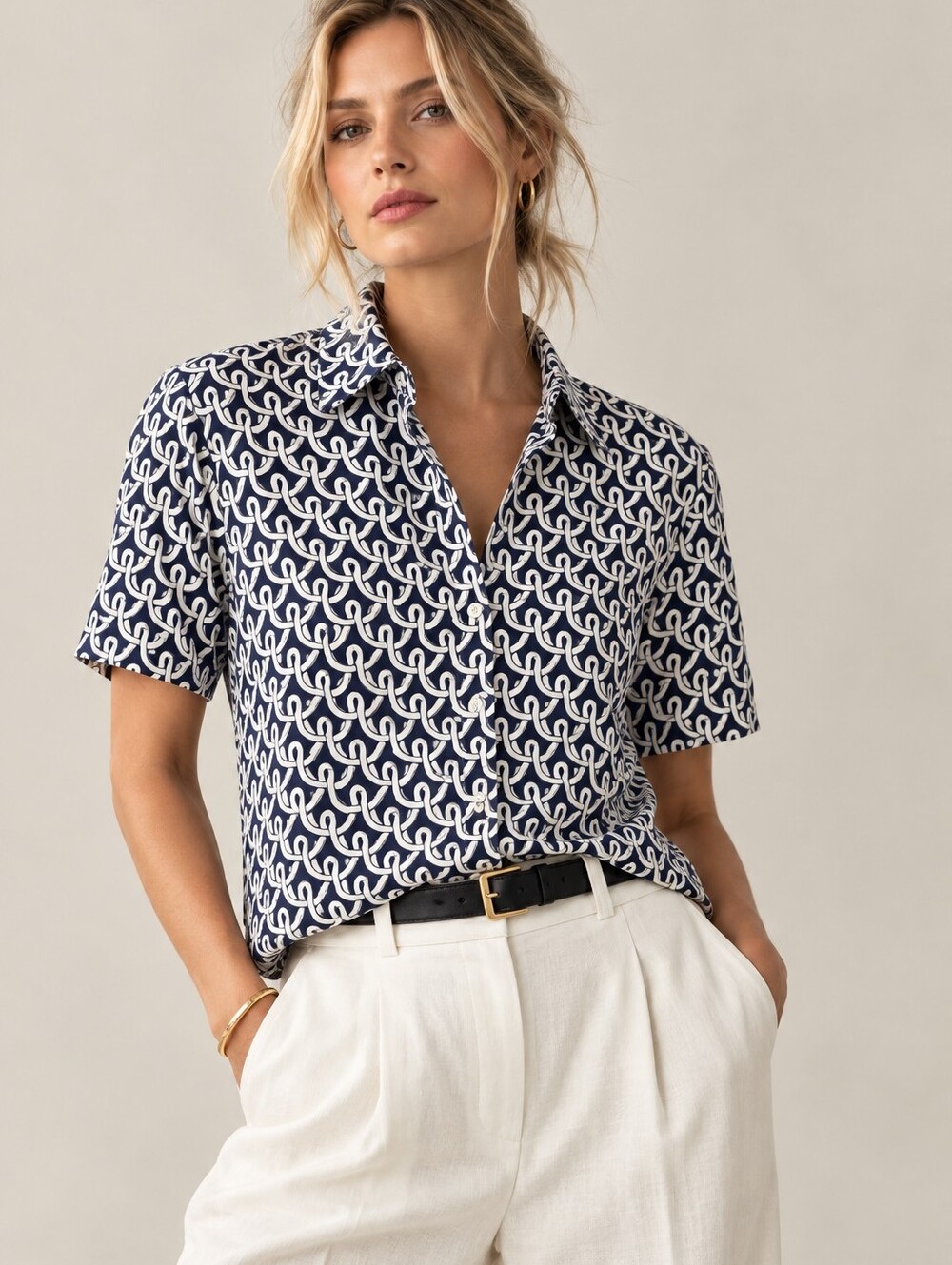 BODEN Hazel Short Sleeve Linen Shirt In Navy Blue White Geo Terrace Print Size 6 - Picture 10 of 10